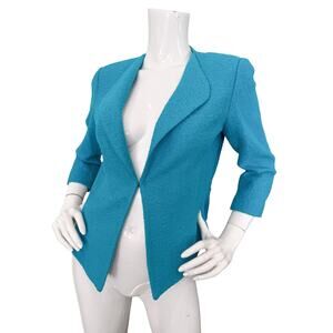 St. John Jacket Size 6 Teal Blue Wool Blend Knit Hook Front 3/4 Sleeve Blazer